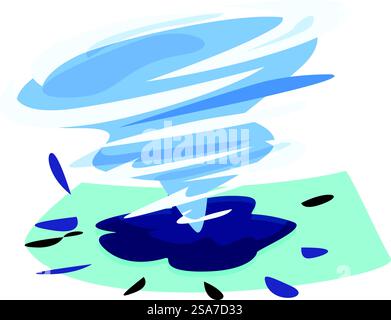 Blue Tornado tourne sur la terre, créant le chaos et la destruction sur son passage. Grande tornade bleue tournant sur la terre créant le chaos Illustration de Vecteur