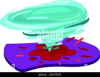 Tornade de dessin animé tourbillonnant sur une surface violette, laissant un cratère dans son sillage. Tornade bleue tournant sur la terre et créant un cratère dans le sol Illustration de Vecteur
