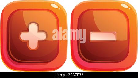 Deux boutons d'application carrés orange aux bords arrondis, l'un affichant un signe plus et l'autre un signe moins, pour ajouter ou supprimer un élément. Boutons d'application signe plus et moins indiquant ajouter ou supprimer Illustration de Vecteur