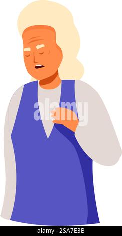 Une femme âgée serre sa poitrine dans l'inconfort, suggérant une urgence médicale potentielle. Femme âgée souffrant de douleurs thoraciques, possible crise cardiaque Illustration de Vecteur