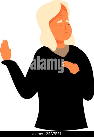 Une femme âgée serre sa poitrine dans l'inconfort, signalant un problème de santé potentiel. Femme âgée éprouvant des douleurs thoraciques en levant sa main Illustration de Vecteur