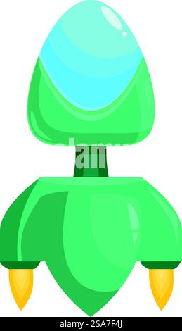 Vaisseau spatial de dessin animé volant dans l'espace avec fenêtre bleue et flammes jaunes. Vaisseau spatial de dessin animé volant avec fenêtre bleue et flammes jaunes Illustration de Vecteur