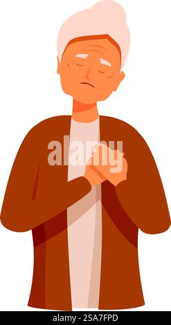 Femme âgée triste tenant les mains sur la poitrine, souffrant d'une crise cardiaque, d'une maladie cardiaque et se sentant malaise concept. Femme âgée triste tenant les mains sur la poitrine souffrant de douleurs cardiaques Illustration de Vecteur