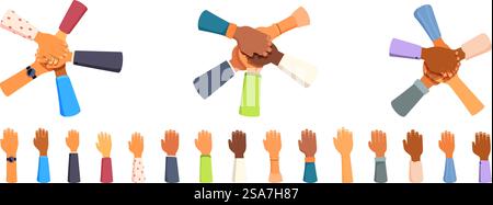 Jeu d'icônes d'empilement de mains diverses. Équipe commerciale joignant les mains ensemble en cercle. Concept de travail d'équipe, d'unité, de cohésion, de partenariat, de diversité et de coopération. Jeu d'icônes d'empilement de mains diverses. Des personnes diverses rassemblant les mains ensemble se joignant en cercle montrant l'unité et le travail d'équipe Illustration de Vecteur