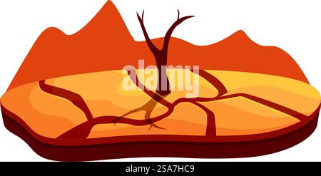 Des terres fissurées sèches souffrant de sécheresse avec des arbres morts solitaires dépeignent l'effet du réchauffement climatique. La terre fissurée sèche souffre de la sécheresse avec des arbres morts solitaires dans un paysage désert Illustration de Vecteur
