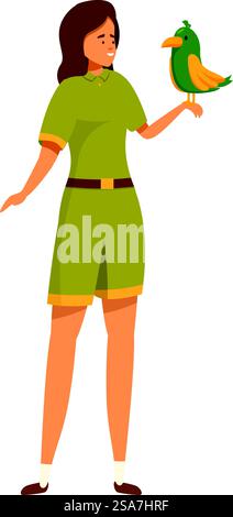 La gardienne du zoo tient un perroquet sur sa main, montrant son amour pour les animaux et son dévouement à son travail. Femme gardienne de zoo tenant perroquet sur la main souriant en uniforme Illustration de Vecteur
