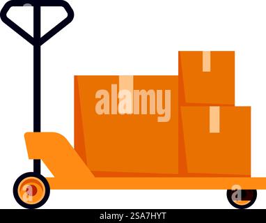 Camion à main transportant des boîtes en carton empilées, livrant ou déplaçant des marchandises dans un entrepôt. Chariot à main d'entrepôt transportant des boîtes en carton empilées Illustration de Vecteur