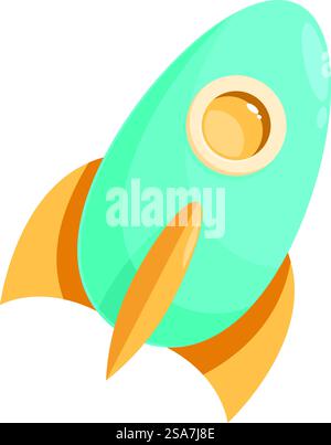 Illustration de dessin animé d'un vaisseau-fusée bleu volant vers le haut avec des flammes sortant du fond. Vaisseau-fusée bleu volant vers le haut avec des flammes Illustration de Vecteur