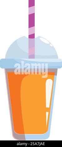 Dessin de dessin animé d'une tasse jetable à emporter tenant une boisson rafraîchissante de couleur orange avec une paille violette. Gobelet en plastique jetable contenant du jus d'orange avec paille violette et couvercle à dôme arrondi Illustration de Vecteur