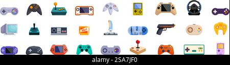 Jeu d'icônes de manette de jeu rétro. Ensemble de divers appareils pour jouer à des jeux vidéo, y compris des joysticks, manettes et consoles. Jeu d'icônes de manette de jeu rétro. Joueur utilisant différents contrôleurs pour jouer à des jeux vidéo Illustration de Vecteur
