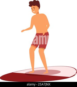 Jeune homme athlétique est en équilibre sur une planche de surf, appréciant le frisson de chevaucher les vagues. Jeune surfeur en équilibre sur une planche de surf chevauchant les vagues Illustration de Vecteur