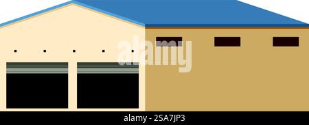 Illustration représentant un grand entrepôt beige avec un toit bleu et deux grandes portes de garage. Grand entrepôt beige avec deux portes de garage Illustration de Vecteur