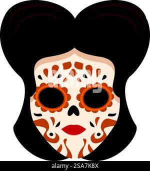 Femme avec les cheveux bruns porte le maquillage de crâne de sucre avec des décorations florales orange pour le jour de la célébration des morts. Femme portant le maquillage de crâne de sucre pour le jour de la célébration des morts Illustration de Vecteur
