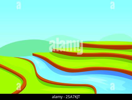 Rivière bleue serpentant à travers les rizières vertes par une journée ensoleillée. Rivière bleue serpentant à travers l'illustration des rizières vertes Illustration de Vecteur