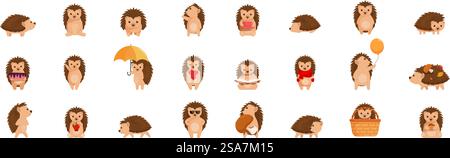 Icônes drôles de hérisson définies. Ensemble de personnage de hérisson de dessin animé mignon faisant différentes activités comme lire le livre, tenir le parapluie, porter le panier et s'amuser. Icônes drôles de hérisson définies. Ensemble d'adorables hérissons profitant de diverses activités, mettant en valeur leur nature ludique et charmante Illustration de Vecteur