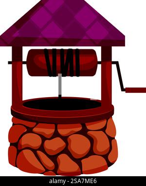 Puits traditionnel en pierre et bois, équipé d'une manivelle pour tirer l'eau. Vieux puits d'eau en pierre avec un toit en bois est en attente pour fournir de l'eau fraîche Illustration de Vecteur