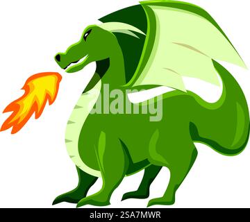 Dragon vert respirant le feu avec de grandes ailes, un personnage fantastique classique. Dragon vert respirant le feu avec de grandes ailes Illustration de Vecteur