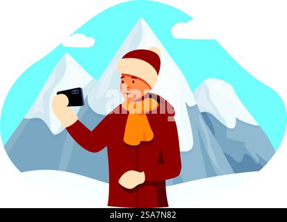 Touriste prend un selfie dans un paysage de montagne enneigé en utilisant son smartphone. Jeune homme prenant selfie dans les montagnes enneigées portant des vêtements d'hiver Illustration de Vecteur