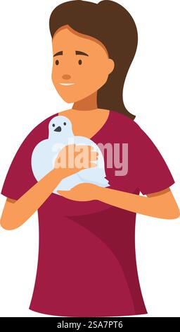 La jeune femme sourit et tient soigneusement une colombe blanche dans ses mains. Jeune femme tenant une colombe blanche comme symbole de paix et d'espoir Illustration de Vecteur
