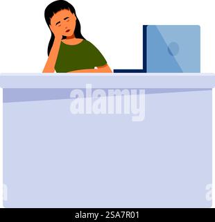 Jeune employée de bureau dort à son bureau, épuisée du travail. Jeune femme de travail de bureau ennuyé dormant sur le lieu de travail avec un ordinateur portable Illustration de Vecteur