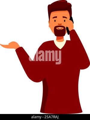 L'homme parle au téléphone et fait des gestes avec sa main. Homme barbu parlant au téléphone et faisant des gestes avec la main Illustration de Vecteur