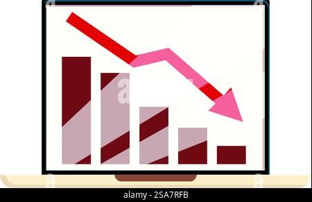 Ordinateur portable affichant un graphique avec une flèche rouge pointant vers le bas, illustrant une crise financière. Ordinateur portable montrant un graphique descendant représentant la crise financière Illustration de Vecteur