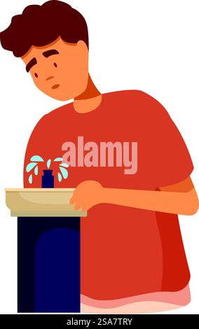 Le jeune homme éprouve la soif et la frustration alors qu'il essaie de prendre un verre d'une fontaine d'eau publique défectueuse. Jeune homme souffrant de soif, essayant de boire de l'eau d'une fontaine publique brisée Illustration de Vecteur