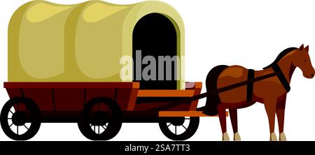 Cheval brun tirant un wagon couvert sur fond blanc. Cheval brun tirant un wagon couvert Illustration de Vecteur