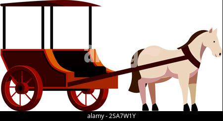 Cheval blanc avec une crinière et une queue brunes, tirant un chariot en bois vide avec un toit brun. Cheval blanc debout immobile, tirant un chariot de bois vide Illustration de Vecteur