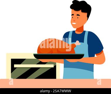 Le jeune chef tient une dinde rôtie sur un plateau près du four, prête à servir. Jeune cuisinier tenant la dinde rôtie sur un plateau près du four Illustration de Vecteur