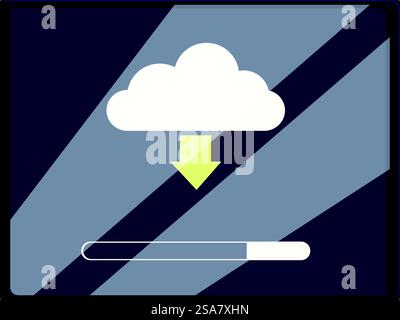 Les données sont en cours de téléchargement depuis le cloud vers un appareil, affichant la progression sur une barre de progression. Cloud Computing téléchargeant des données sur un appareil avec barre de progression Illustration de Vecteur