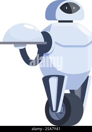 Robot serveur moderne tient un plateau couvert, symbolisant l'avenir de l'industrie des services alimentaires. Robot serveur moderne tenant un plateau couvert sur une roue Illustration de Vecteur