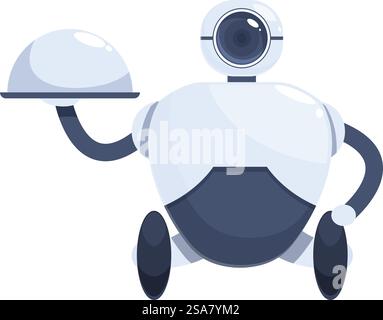 Robot serveur moderne servant de la nourriture, tenant une cloche de restaurant. Serveur robot moderne tenant cloche de restaurant servant de la nourriture Illustration de Vecteur