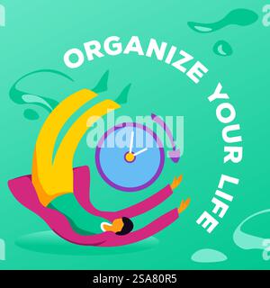 Motivation pour changer et organiser votre vie. Gestion et planification du temps, établissement d'objectifs et obtention de résultats au travail et dans les affaires personnelles. Personne avec horloge. Vecteur dans l'illustration de style plat. Organisez votre vie, vecteur de couching motivationnel Illustration de Vecteur