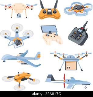 Variété de drones et véhicule aérien sans pilote, avions automatisés avec ailes et caméra pour le tournage et l'espionnage. Système de surveillance et contrôleurs pour le contrôle à distance. Vecteur dans le style plat. Drones et avions automatisés ou vecteurs de types UAV Illustration de Vecteur