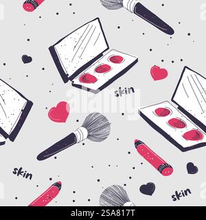 Produits cosmétiques et soins de la peau pour femmes. Pinceau pour poudre ou fard à joues, crayon rouge à lèvres ou brillant. Routine beauté féminine et soins. Motif sans couture, impression de fond ou papier peint. Vecteur dans le style plat. Soins de la peau et cosmétiques pour femmes, impression de motif Illustration de Vecteur