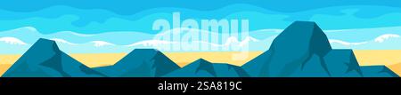 Chaîne de montagnes avec des sommets et la plage, paysage tropical avec des paysages marins panoramiques et des sommets. Océan ou mer eau d'été et nature. Nature sauvage et paradis naturel. Vecteur dans l'illustration de style plat. Gamme de hautes montagnes avec des pics et vecteur de plage Illustration de Vecteur
