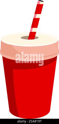 Tasse en papier rouge avec paille ayant un couvercle sur le dessus pour soda et jus. Tasse en papier rouge avec une paille debout sur un fond blanc Illustration de Vecteur