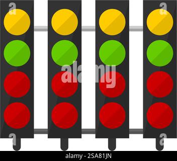 Éclairage de scène, lumières d'arène sportive, projecteurs pour événement sportif. Ampoules colorées, jaunes, vertes et rouges. Effets d'éclairage pour match ou compétition sur le terrain ou sur le terrain. Vecteur dans le style plat. Éclairage de spot d'arène sportive pour scène Illustration de Vecteur