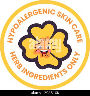 Ingrédients à base d'herbes uniquement dans les produits de soins de la peau hypoallergéniques. Cosmétiques avec un contenu naturel, icône isolée avec fleur souriante fleurie. Logotype ou étiquette, emblème ou logo de l'emballage. Vecteur dans le style plat. Soins de la peau hypoallergéniques, ingrédients d'herbes seulement Illustration de Vecteur