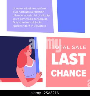 Réduction de prix et réductions pour les produits dans les magasins et les magasins. Vente totale et offre, offres et liquidation dernière chance d'acheter à bon marché. Bannière promotionnelle, vecteur publicitaire dans le style plat. Vente totale dernière chance pour la bannière des clients d'achat Illustration de Vecteur