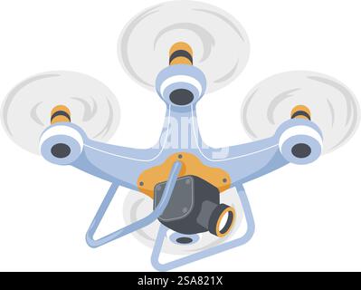 Drone avec caméra et ailes, hélice avec objectif pour le tournage. Véhicule aérien isolé sans pilote pour le tournage de vidéos et la surveillance. Espionnage et vol pour obtenir des informations. Vecteur dans le style plat. Véhicule aérien sans pilote, drone avec vecteur de caméra Illustration de Vecteur