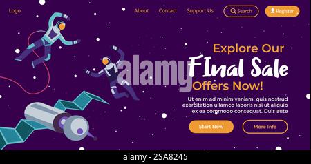 Offres et ventes, explorez nos réductions finales pour les clients et les utilisateurs. Astronautes flottant dans l'espace avec satellite et constellation d'étoiles. Modèle de page de destination de site Web, vecteur de site en ligne dans un style plat. Explorez notre page Web vente finale, offres maintenant Illustration de Vecteur