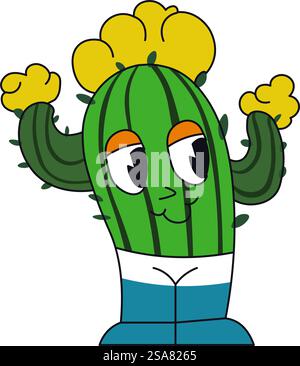 Caractère joyeux en forme de cactus avec de petites pointes, de grands yeux, sourire sur le visage. Mascotte avec des fleurs en fleur. Plantez un emoji ou une émoticône, un autocollant ou un personnage de dessin animé. Vecteur dans les styles plats. Personnage drôle de conte de fées sous la forme de cactus Illustration de Vecteur