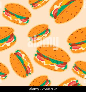 Hamburger ou hamburger avec viande, légumes et fromage. Collations savoureuses et restauration rapide de la boutique ou du restaurant, bistrot ou café magasin. Impression de motif sans couture, fond ou papier peint. Vecteur dans le style plat. Snack de restauration rapide, hamburger avec impression de viande et de fromage Illustration de Vecteur