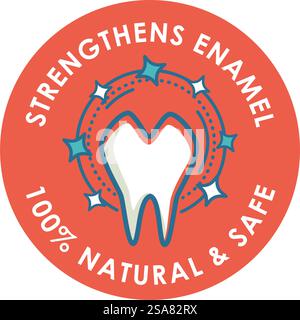 Des produits respectueux de l'environnement avec des ingrédients sans produits chimiques pour renforcer et protéger l'émail des dents contre les attaques acides et bactériennes quotidiennes. Hygiène bucco-dentaire professionnelle. Vecteur de logo de dents isolées dans un style plat. Renforce l'émail, produit de soin naturel sûr Illustration de Vecteur