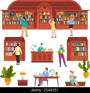 Bibliothèque ou librairie pédagogique. Étagères dans un style ancien avec des piles et des rangées d'anthologies, intérieur de librairie antique et moderne. Les lecteurs ou les acheteurs choisissent des livres pour étudier. Vecteur dans le style plat. Bibliothèque éducative ou librairie avec lecteurs Illustration de Vecteur