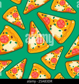 Tranches de pizza aux herbes, tomates et fromage. Savoureux plat italien, snack ou fast-food pour le dîner ou le déjeuner. Livraison à emporter. Impression de motif sans couture, fond ou papier peint. Vecteur dans le style plat. Tranches de pizza italienne avec tomates et fromage Illustration de Vecteur