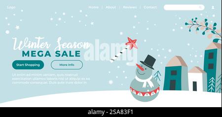 Mega vente d'hiver, shopping dans les magasins et magasins avec des prix réduits. Réductions sur les produits et les marchandises pour les vacances, le nouvel an et Noël. Page d'accueil du site Web, modèle de site Internet. Vecteur dans le style plat. Méga vente de saison d'hiver, réductions pour les vacances Illustration de Vecteur
