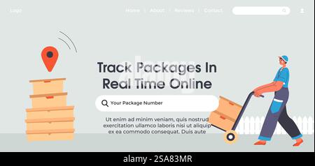 Livraison des commandes et transport des boîtes avec les marchandises commandées. Homme avec des colis pour les clients. Suivez les colis en temps réel en ligne, site Internet. Modèle de page d'accueil du site Web. Vecteur dans le style plat. Suivre les paquets en temps réel site Internet en ligne Illustration de Vecteur